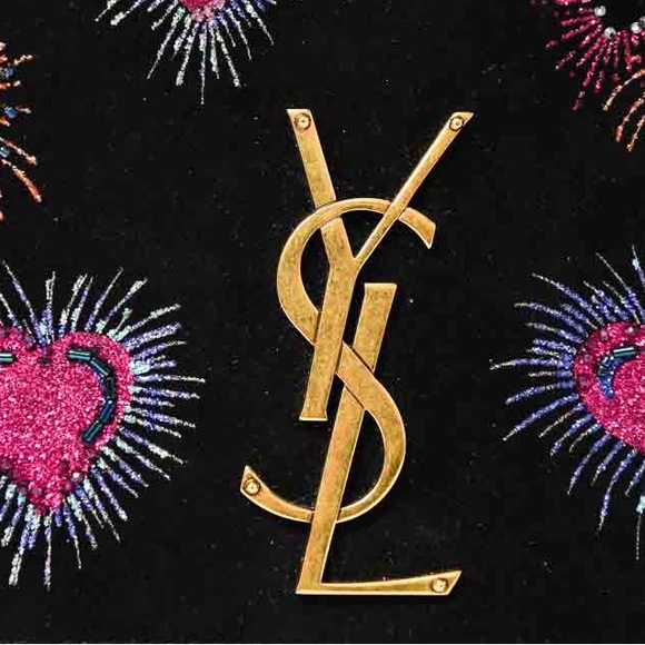 YSL Saint Laurent Black Suede Kate Bag w/ Glitter Heart Fireworks Print - Picture 7 of 12